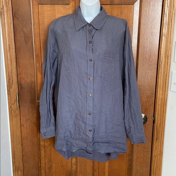 Petalura European Washed Linen Natural Button Down Shirt in Slate Blue.tunic 1X - Picture 4 of 11